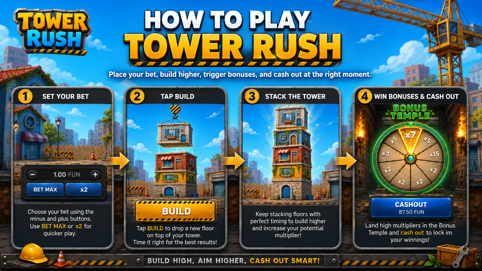 Come giocare al gioco Tower Rush - imposta una scommessa, premi Costruisci, poi Incassa