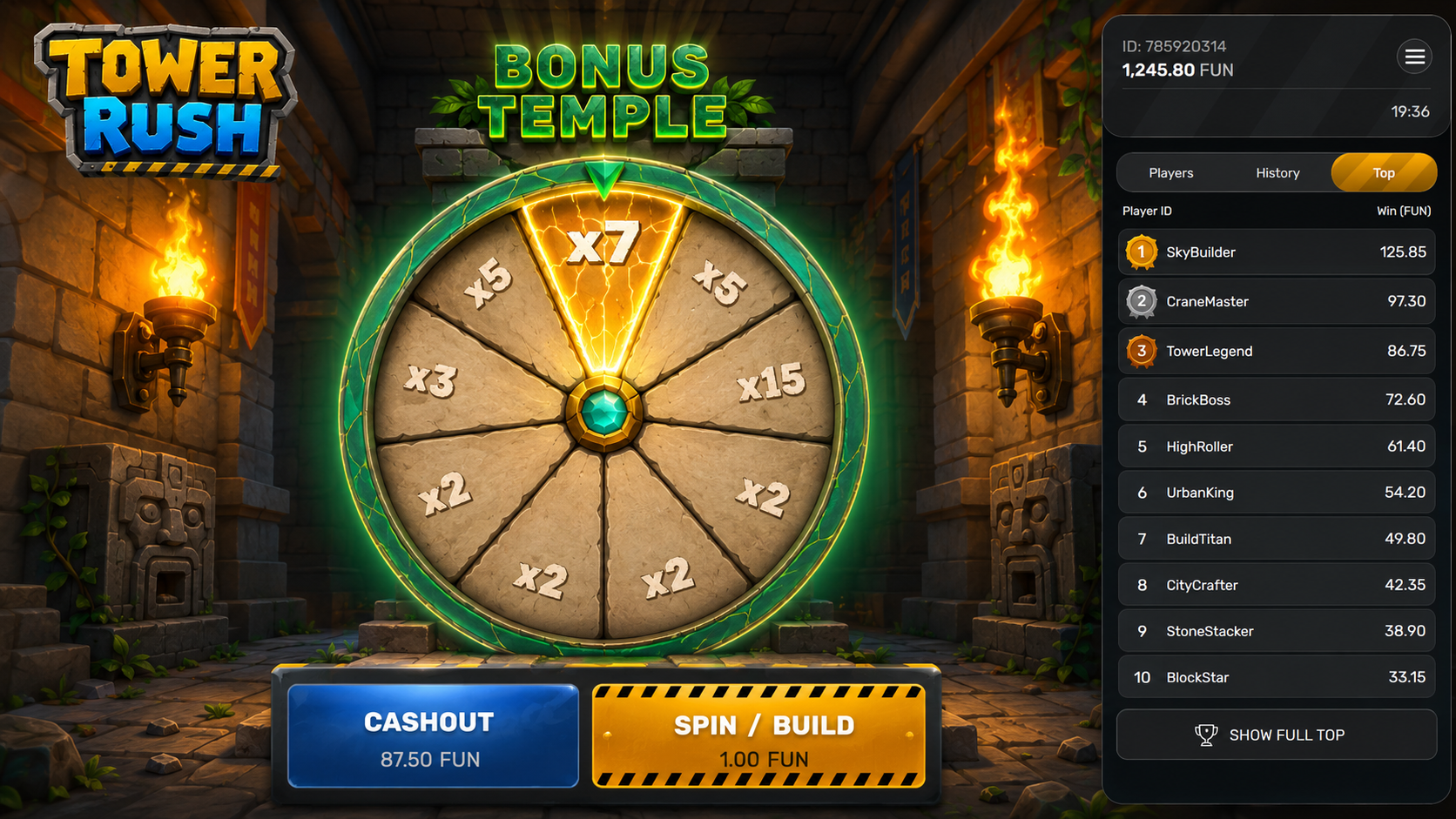 Ruota del Bonus Tempio del gioco Tower Rush con moltiplicatori da x1.5 a x7